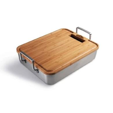 Stainless steel drip pan with deluxe bamboo cutting board